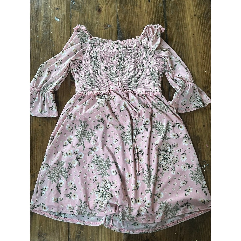 Luna Pink Floral Mesh Smocked Mini Dress Bell Sleeve Cottagecore Womens Size M